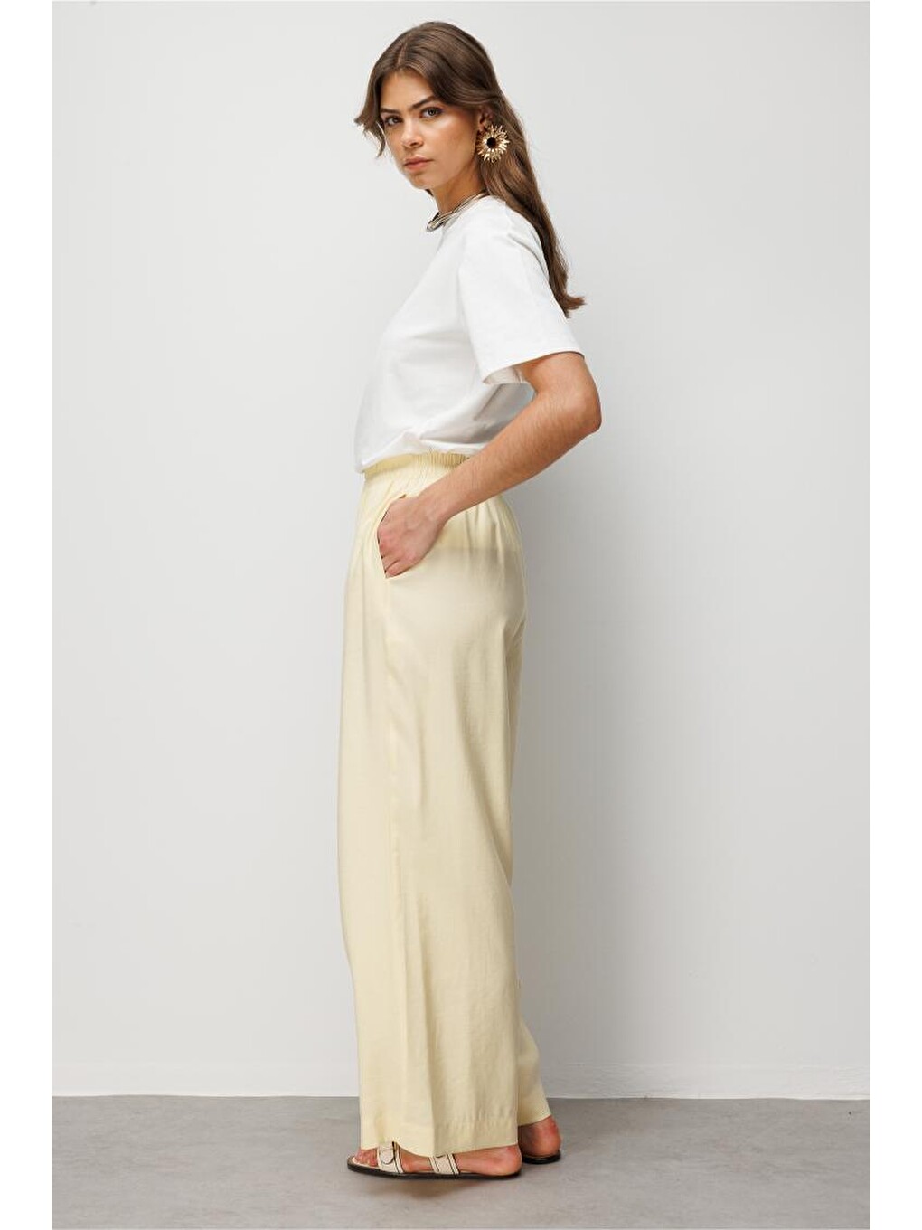 Beli Lastikli Modal Dokulu Sarı Pantolon-2