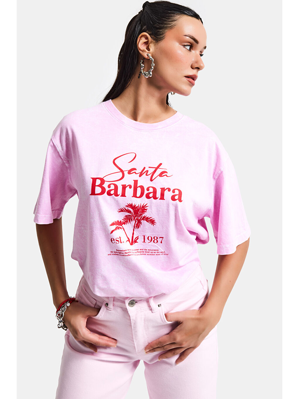 Kadın Pembe s6-98 Oversize Santa Barbara Baskılı %100 Pamuk T-Shirt