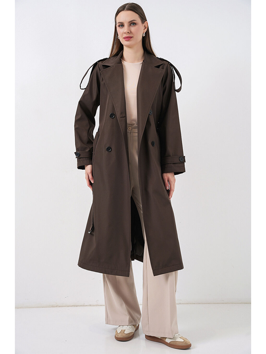 5941 Kruvaze Yaka Uzun Trençkot - Kahverengi-1