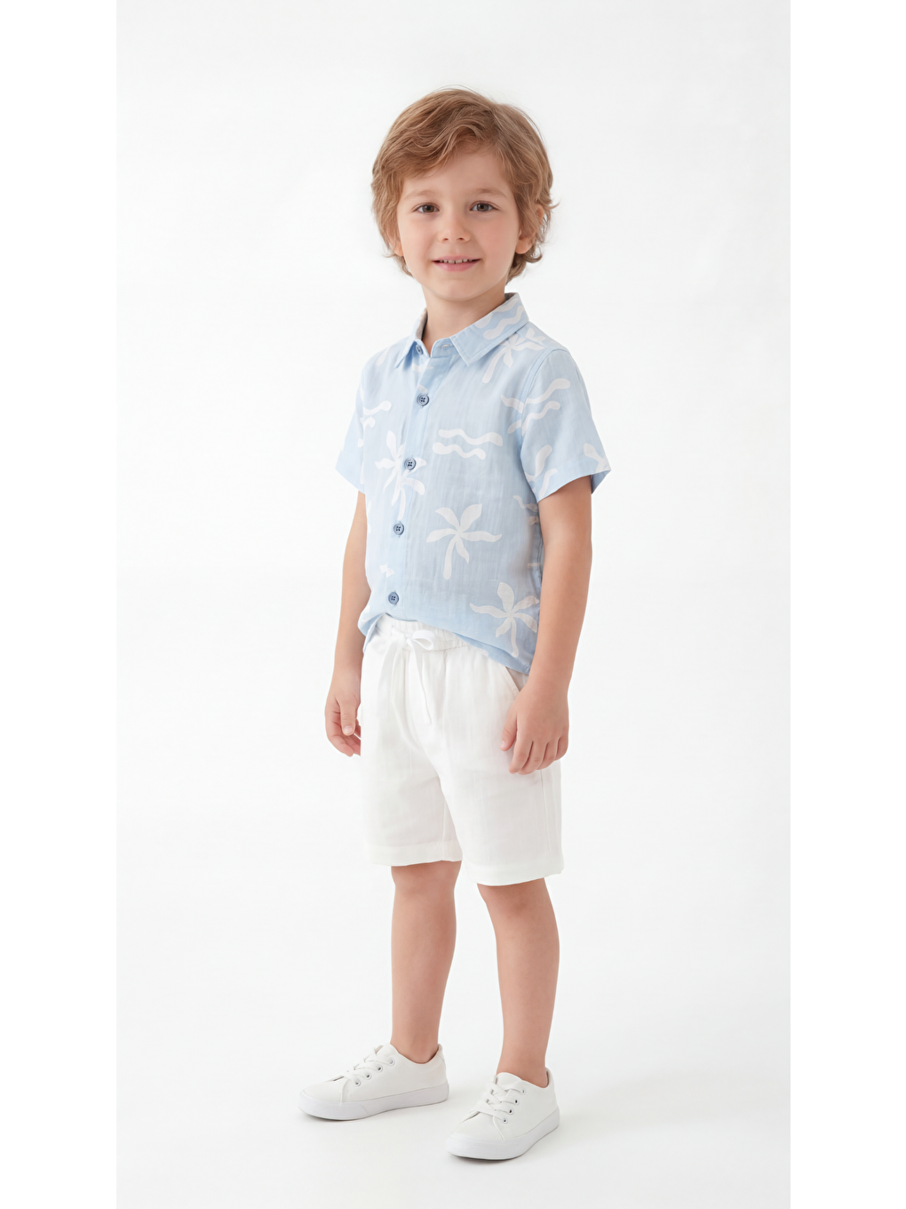 Mavi Tüm Alan Baskılı Erkek Çocuk Gömlek & Şort Takımı-1