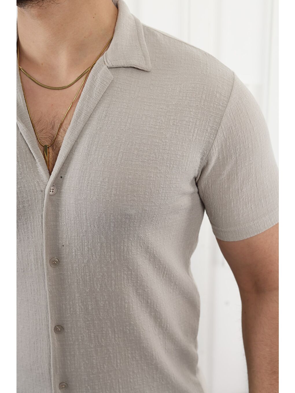 Bej Kendinden Desenli Kısa Kol Keten Gömlek-1