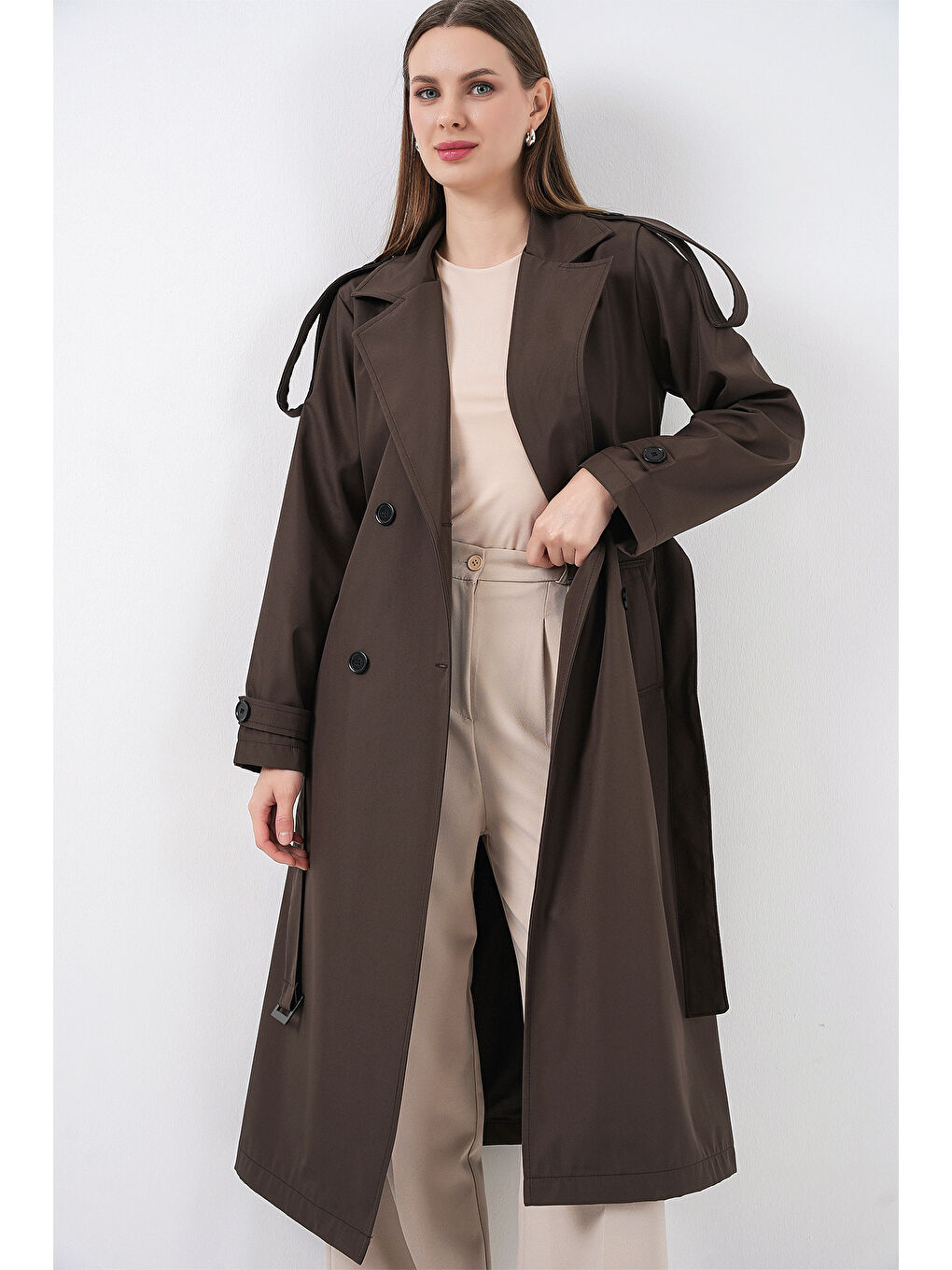 5941 Kruvaze Yaka Uzun Trençkot - Kahverengi-2