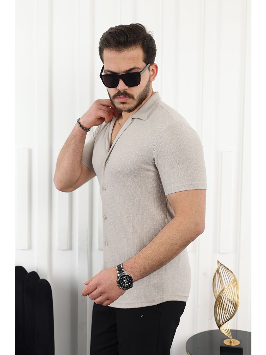 Bej Kendinden Desenli Kısa Kol Keten Gömlek-2