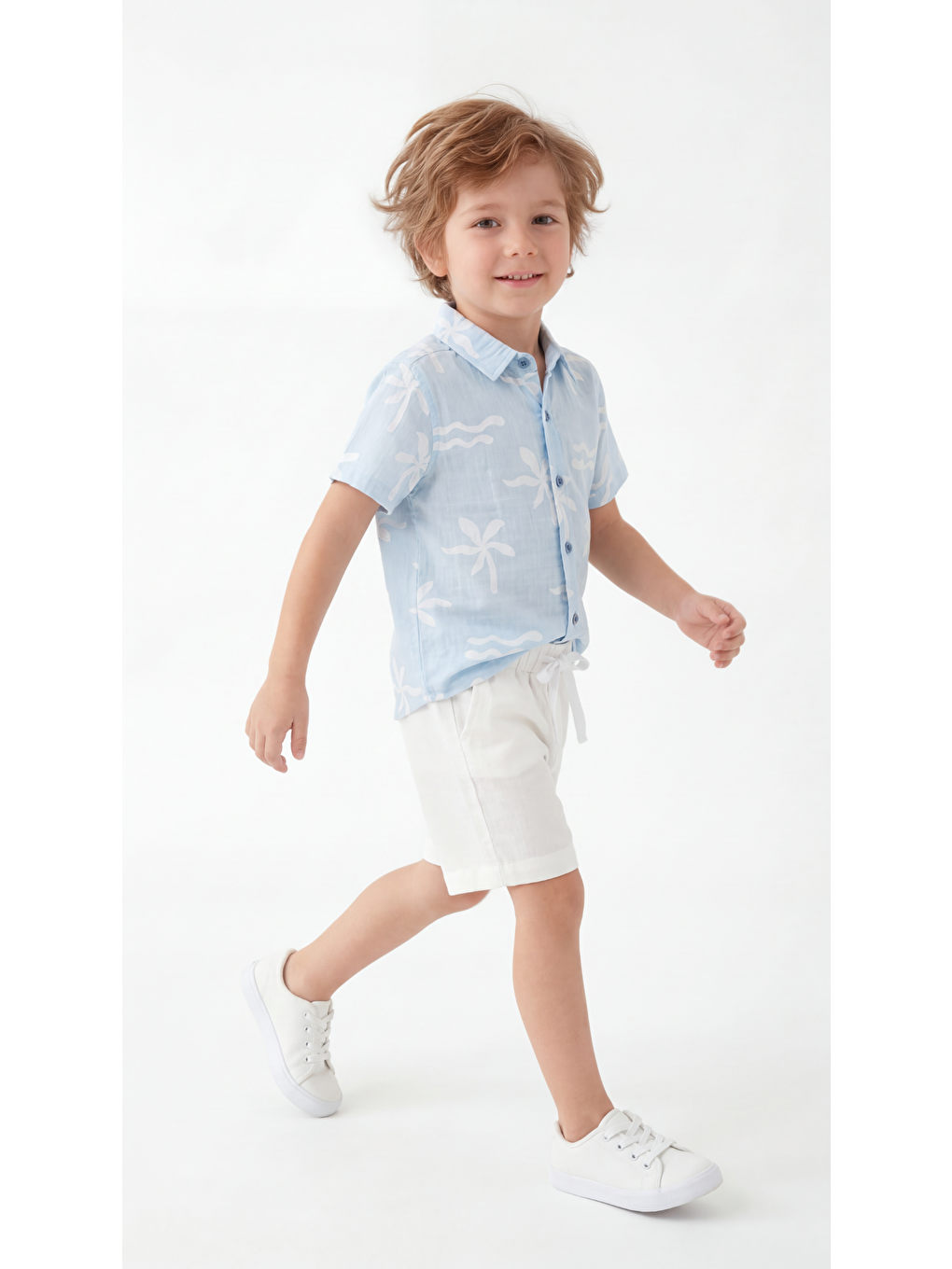 Mavi Tüm Alan Baskılı Erkek Çocuk Gömlek & Şort Takımı-2