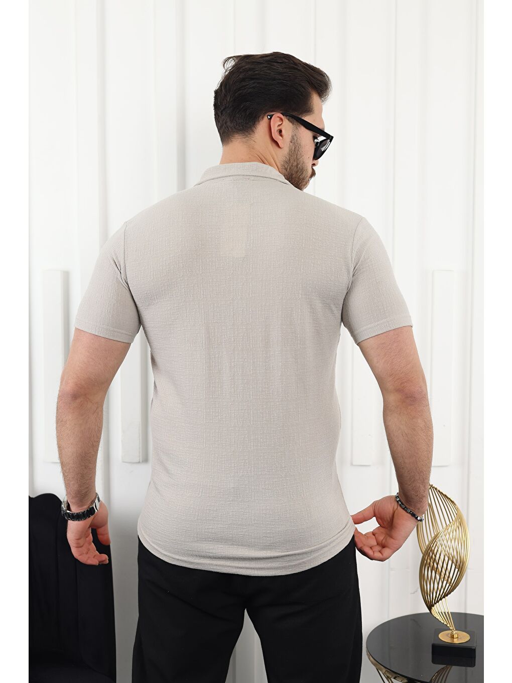 Bej Kendinden Desenli Kısa Kol Keten Gömlek-3