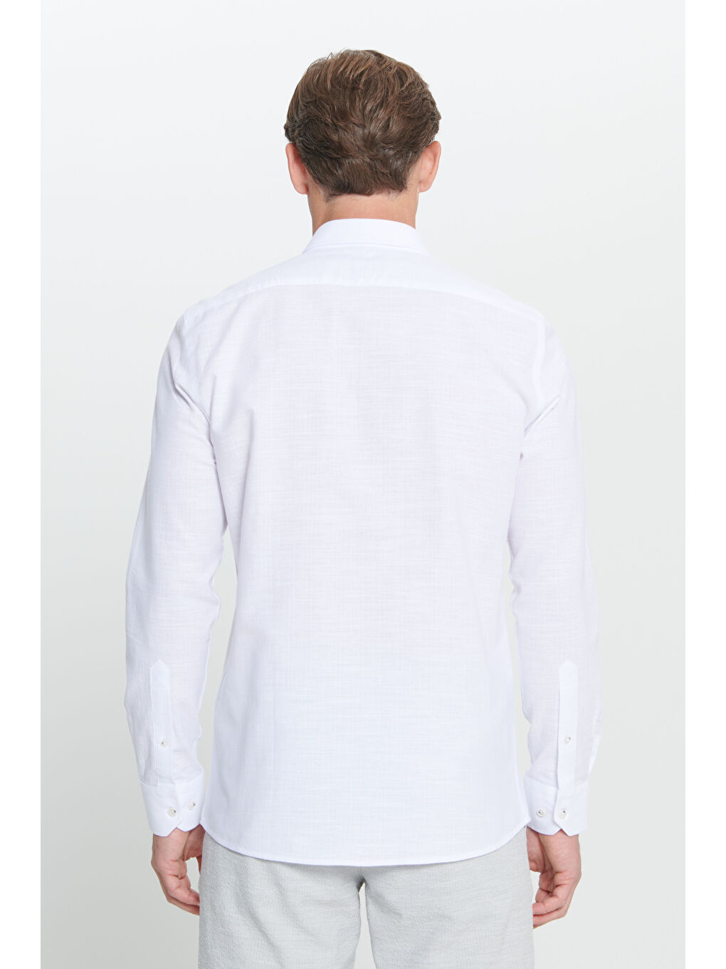 Erkek Beyaz %100 Pamuk Slim Fit Dar Kesim Düğmeli Yaka Çizgili Flamlı Gömlek-5