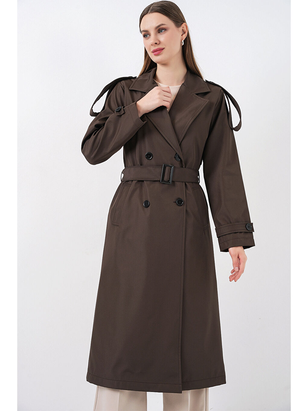 5941 Kruvaze Yaka Uzun Trençkot - Kahverengi-3