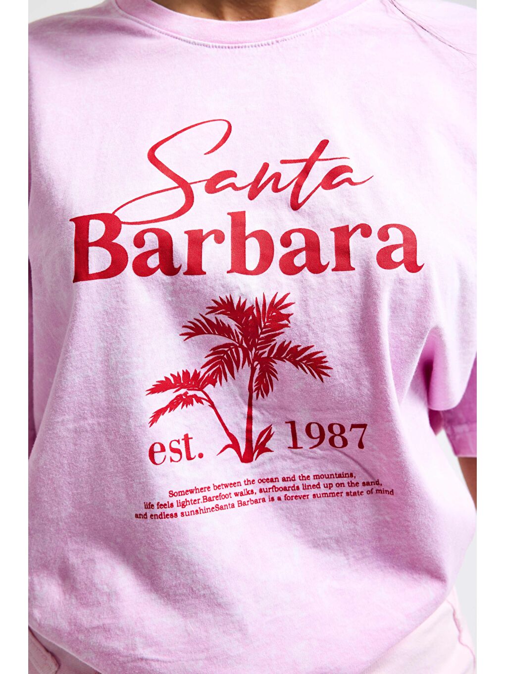 Kadın Pembe s6-98 Oversize Santa Barbara Baskılı %100 Pamuk T-Shirt-2