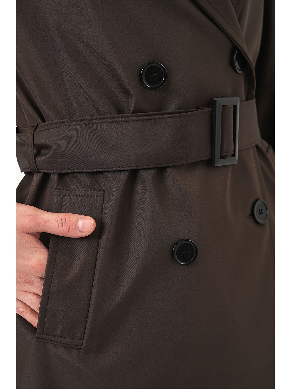 5941 Kruvaze Yaka Uzun Trençkot - Kahverengi-4