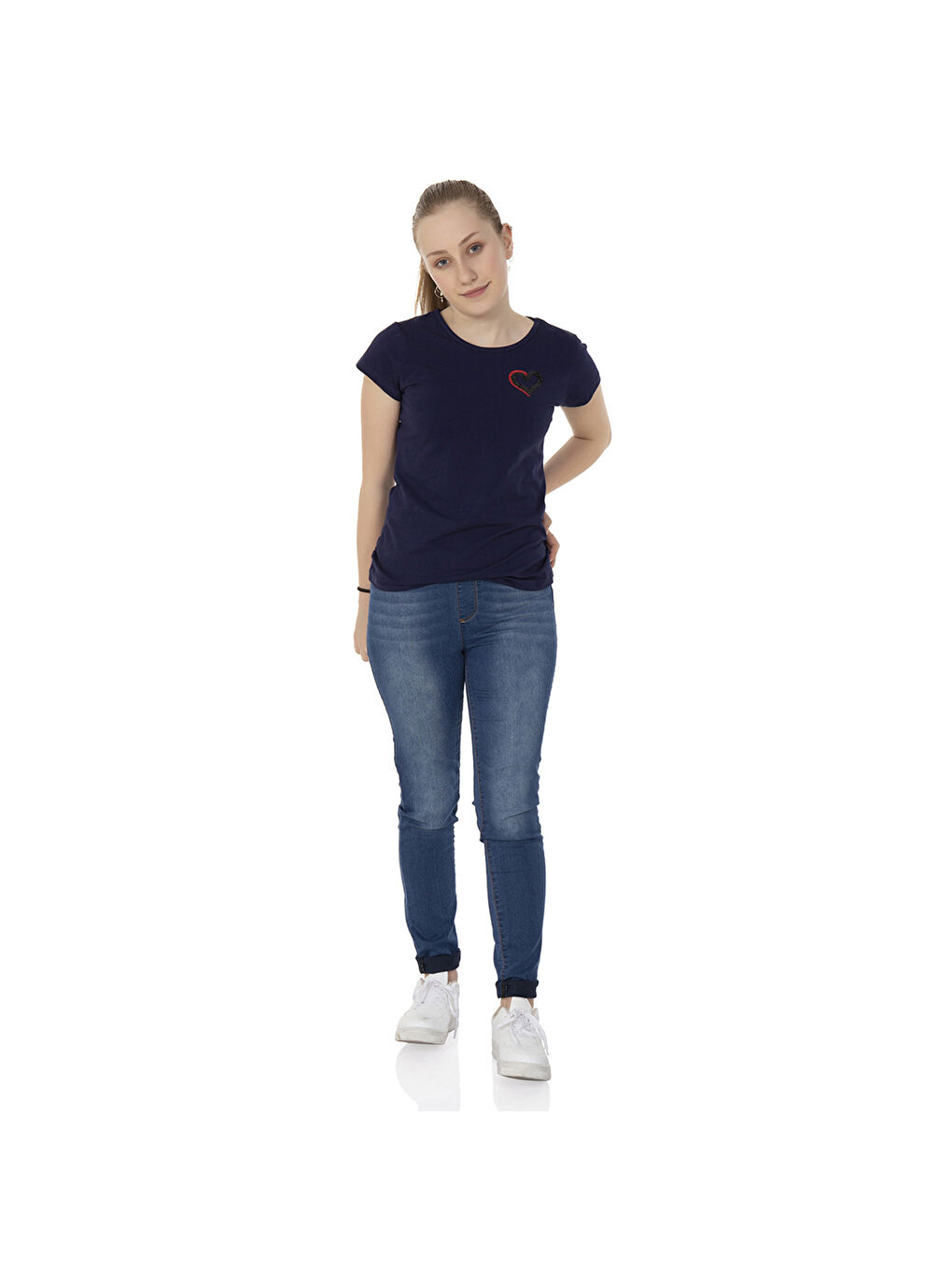 Toontoykids Lacivert Kız Çocuk T-Shirt Kalp Nakışlı