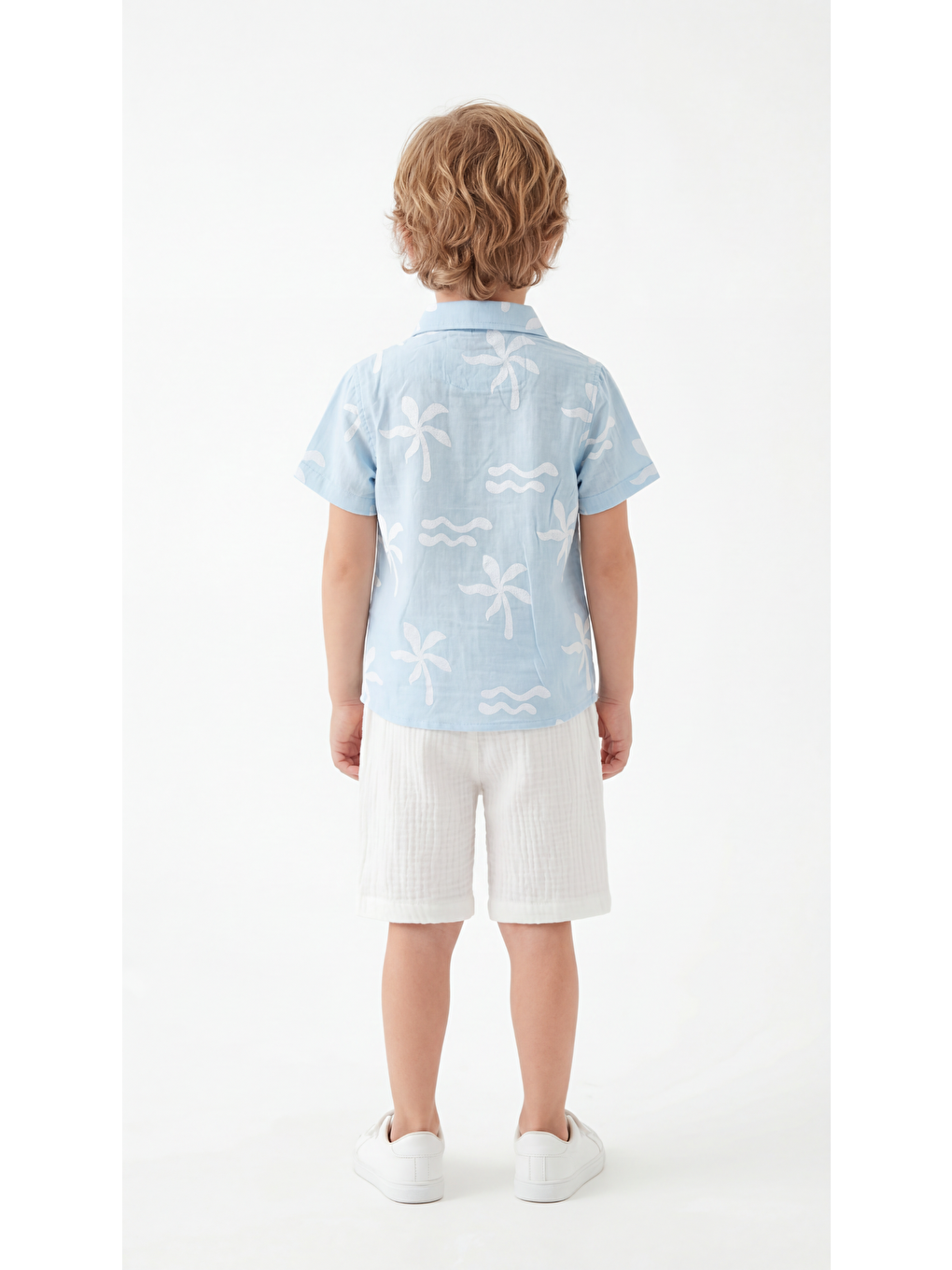 Mavi Tüm Alan Baskılı Erkek Çocuk Gömlek & Şort Takımı-3