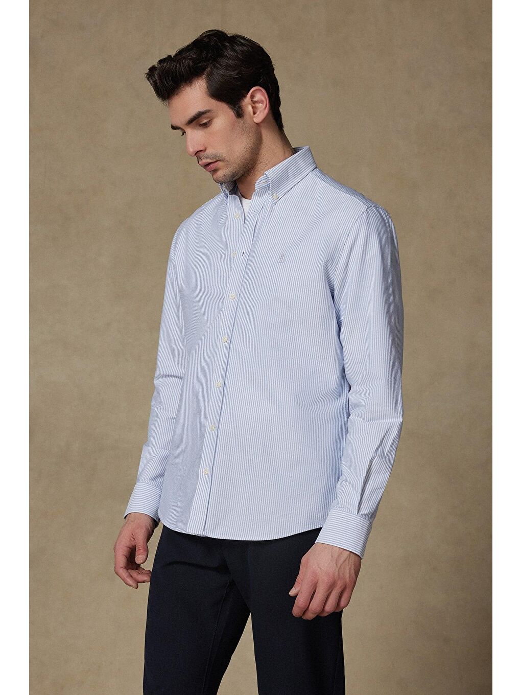 Marcel Amerikan Oxford Pamuklu Comfort Fit Koyu Mavi Düğmeli Yaka Erkek Çizgili %100 Pamuk Gömlek