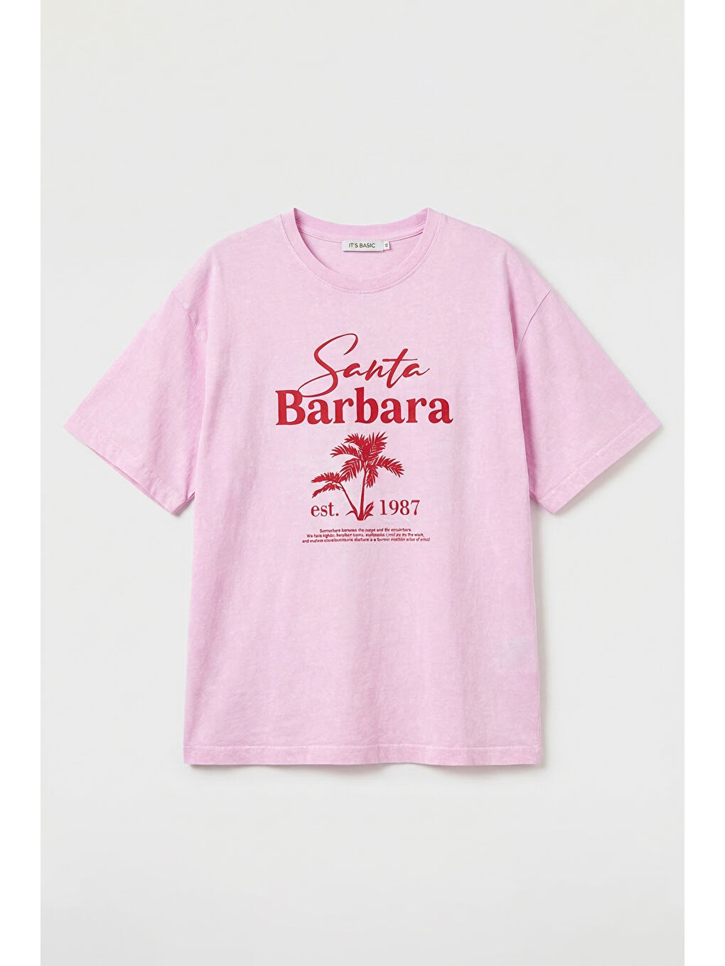 Kadın Pembe s6-98 Oversize Santa Barbara Baskılı %100 Pamuk T-Shirt-4