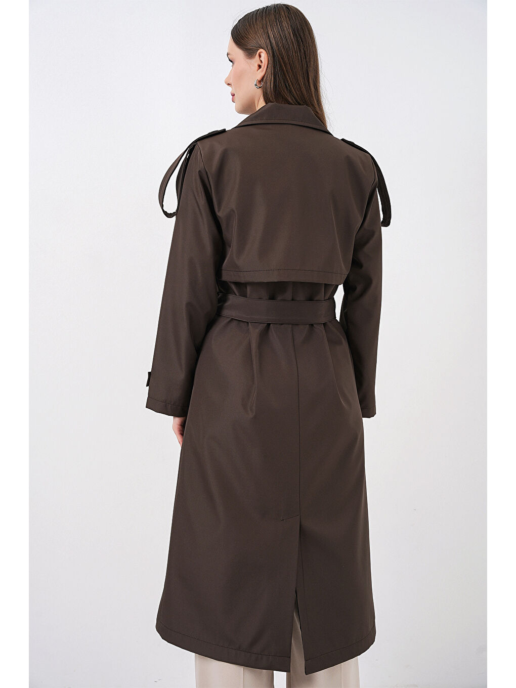 5941 Kruvaze Yaka Uzun Trençkot - Kahverengi-5
