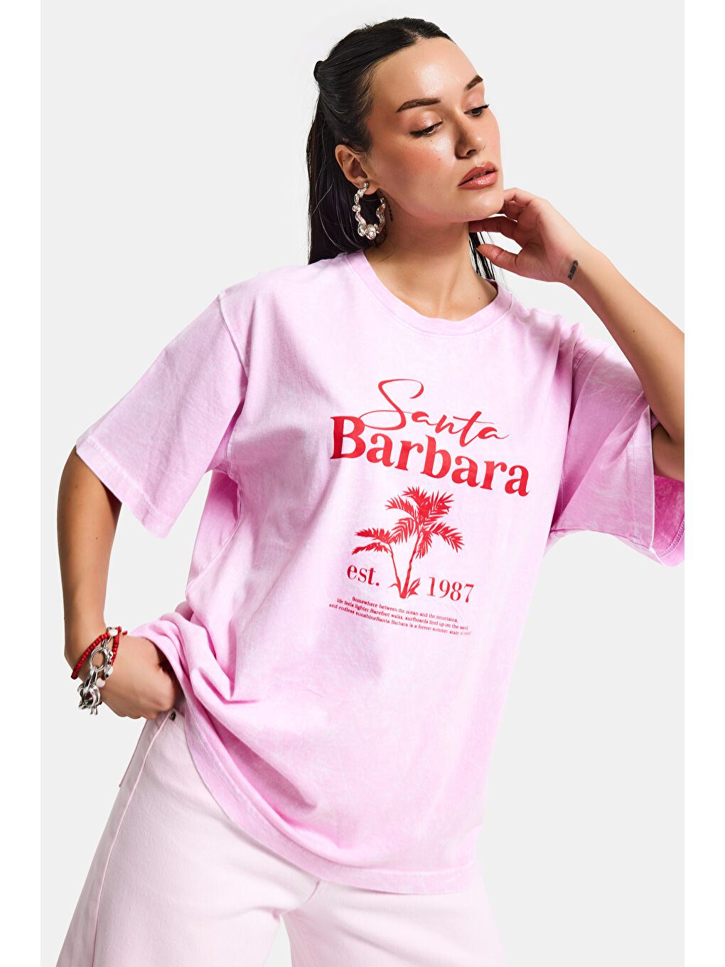 Kadın Pembe s6-98 Oversize Santa Barbara Baskılı %100 Pamuk T-Shirt-5