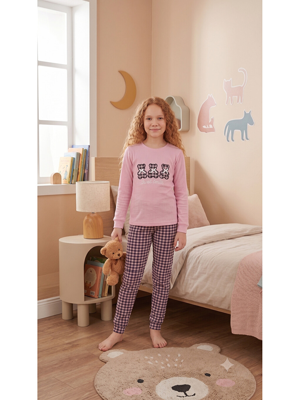 Pembe Kız Çocuk %100 Doğal Pamuk Manşet Paça Uzun Kollu Pijama Takımı-1