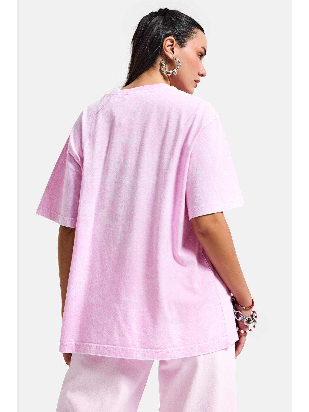 Kadın Pembe s6-98 Oversize Santa Barbara Baskılı %100 Pamuk T-Shirt-6