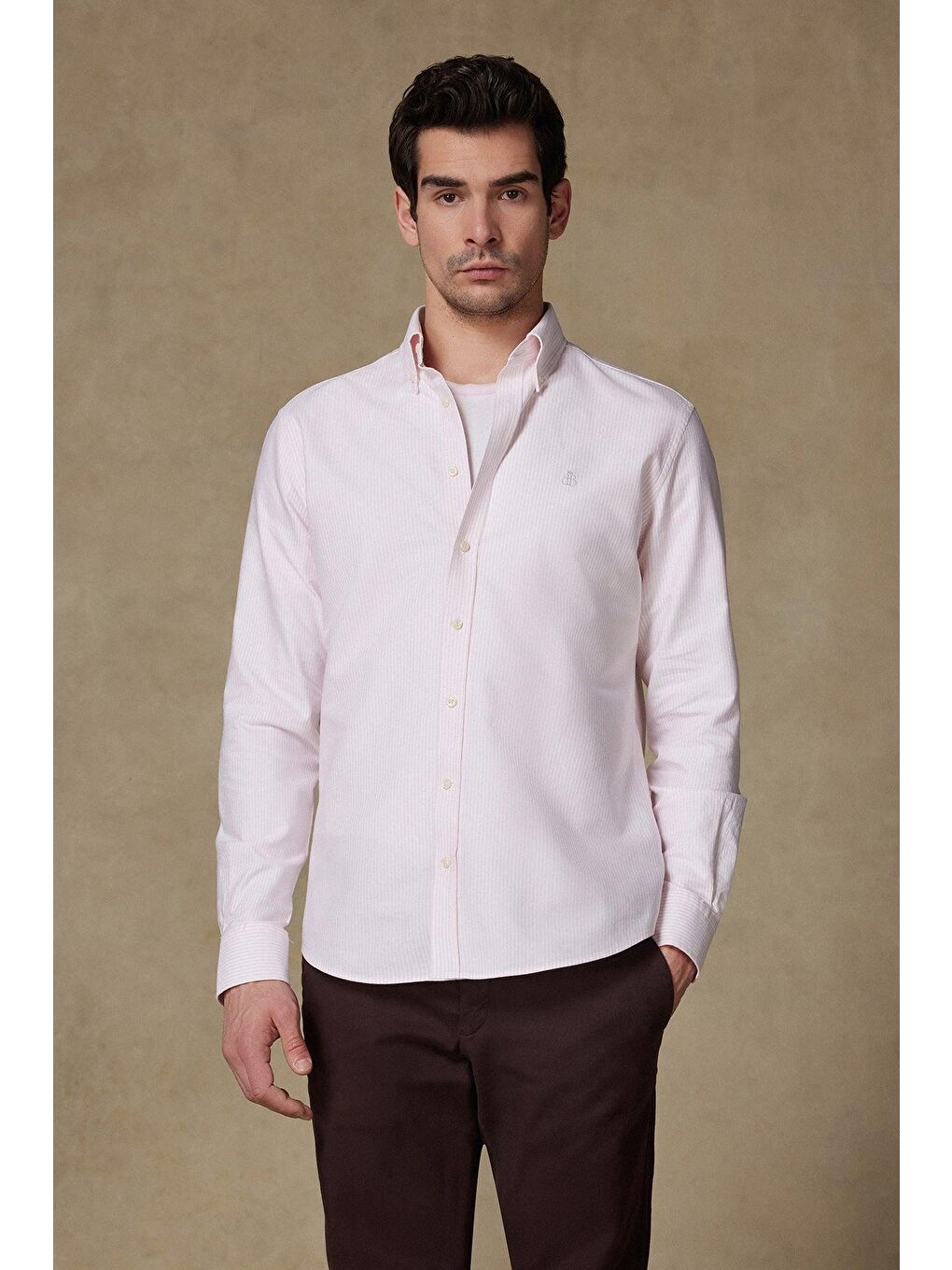 Marcel Amerikan Oxford Pamuklu Comfort Fit Pembe Düğmeli Yaka Erkek Çizgili %100 Pamuk Gömlek