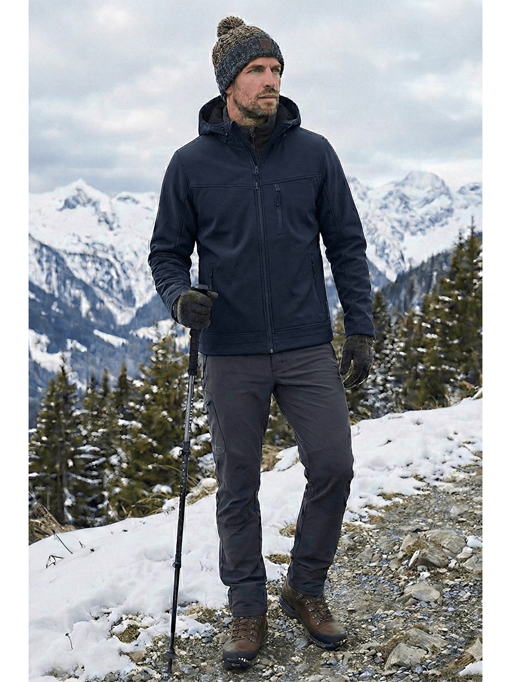 Lacivert Erkek Mont İçi Polarlı Softshell Mont Su ve Rüzgar Geçirmez Kapüşonlu Spor Mont-3