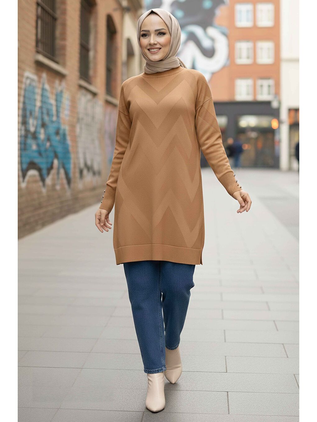 Bej Kol Düğmeli Tiiko Tunik Vizon - 28081-VIZON
