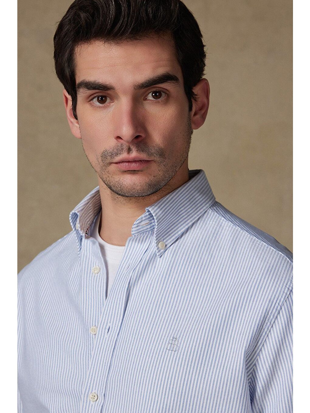 Marcel Amerikan Oxford Pamuklu Comfort Fit Koyu Mavi Düğmeli Yaka Erkek Çizgili %100 Pamuk Gömlek-2