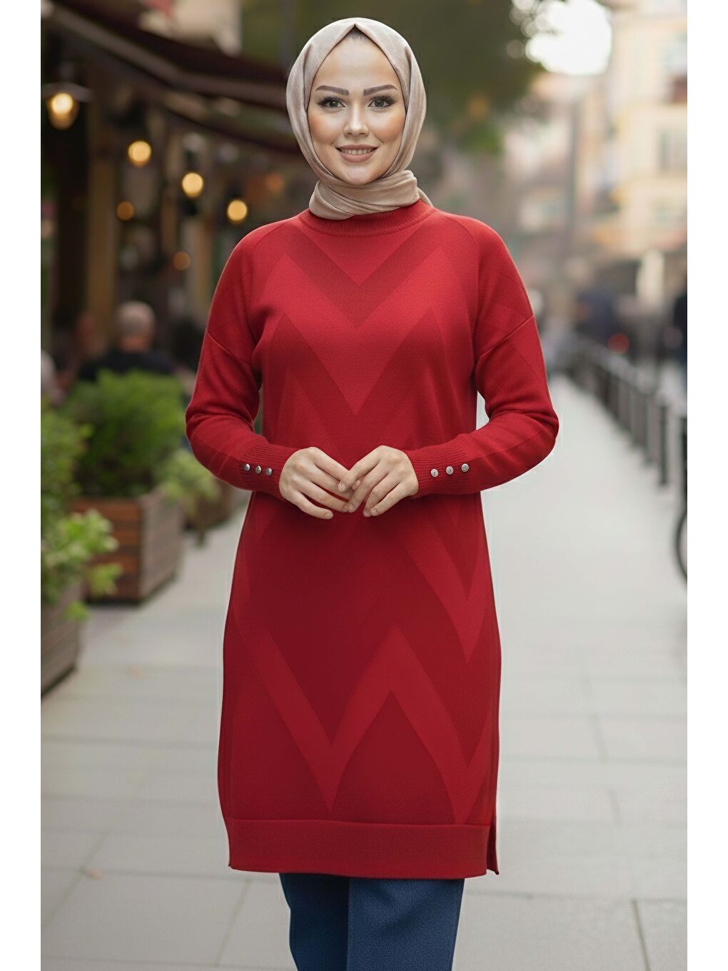 Kırmızı Kol Düğmeli Tiiko Tunik Kirmizi - 28081-KIRMIZI