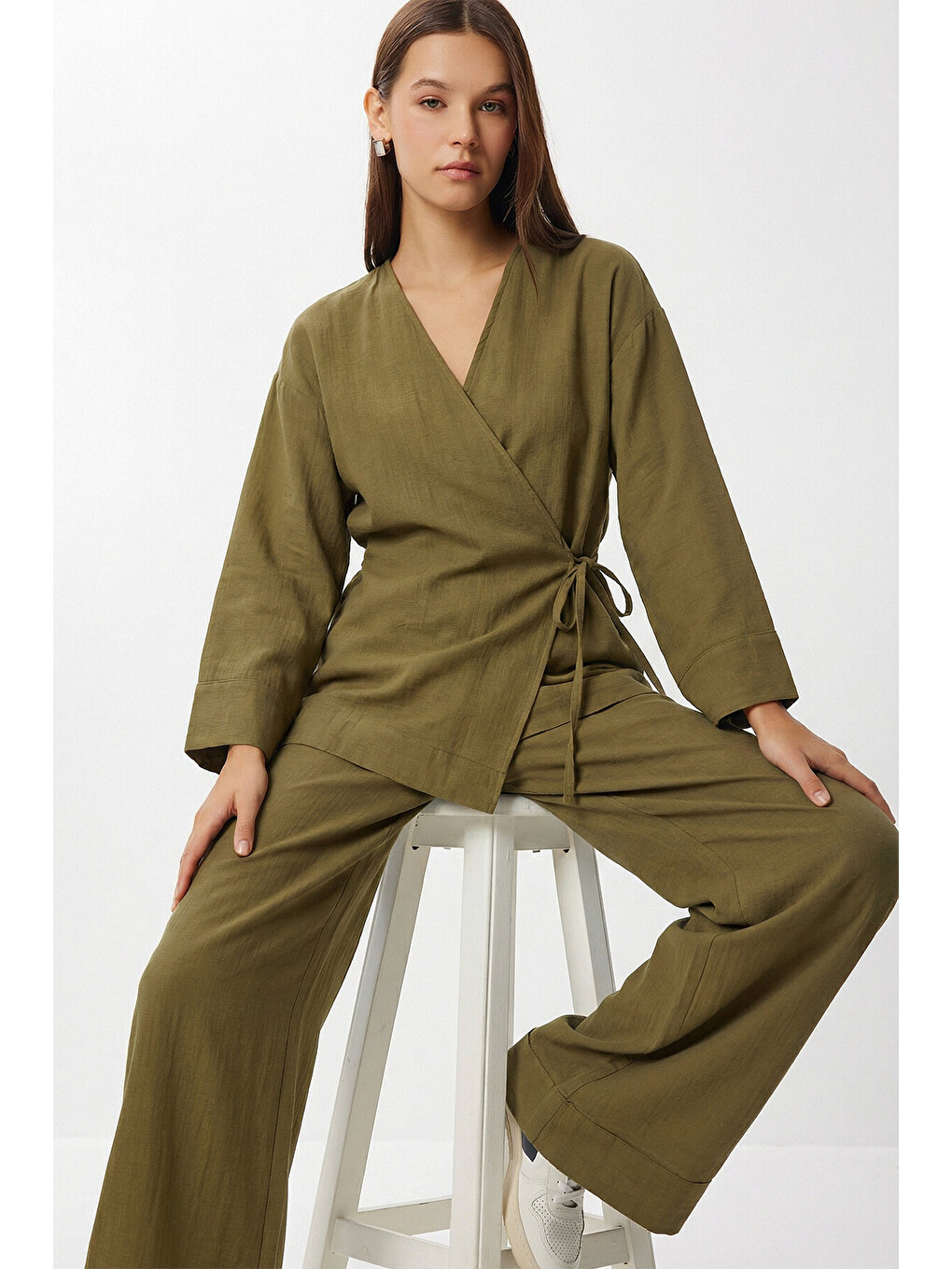 Haki Bağlama Detaylı Müslin Kimono Takım HAKİ LZH0020