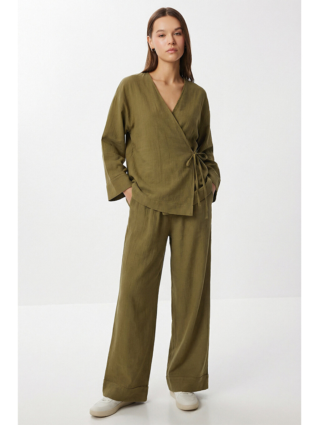 Haki Bağlama Detaylı Müslin Kimono Takım HAKİ LZH0020-1