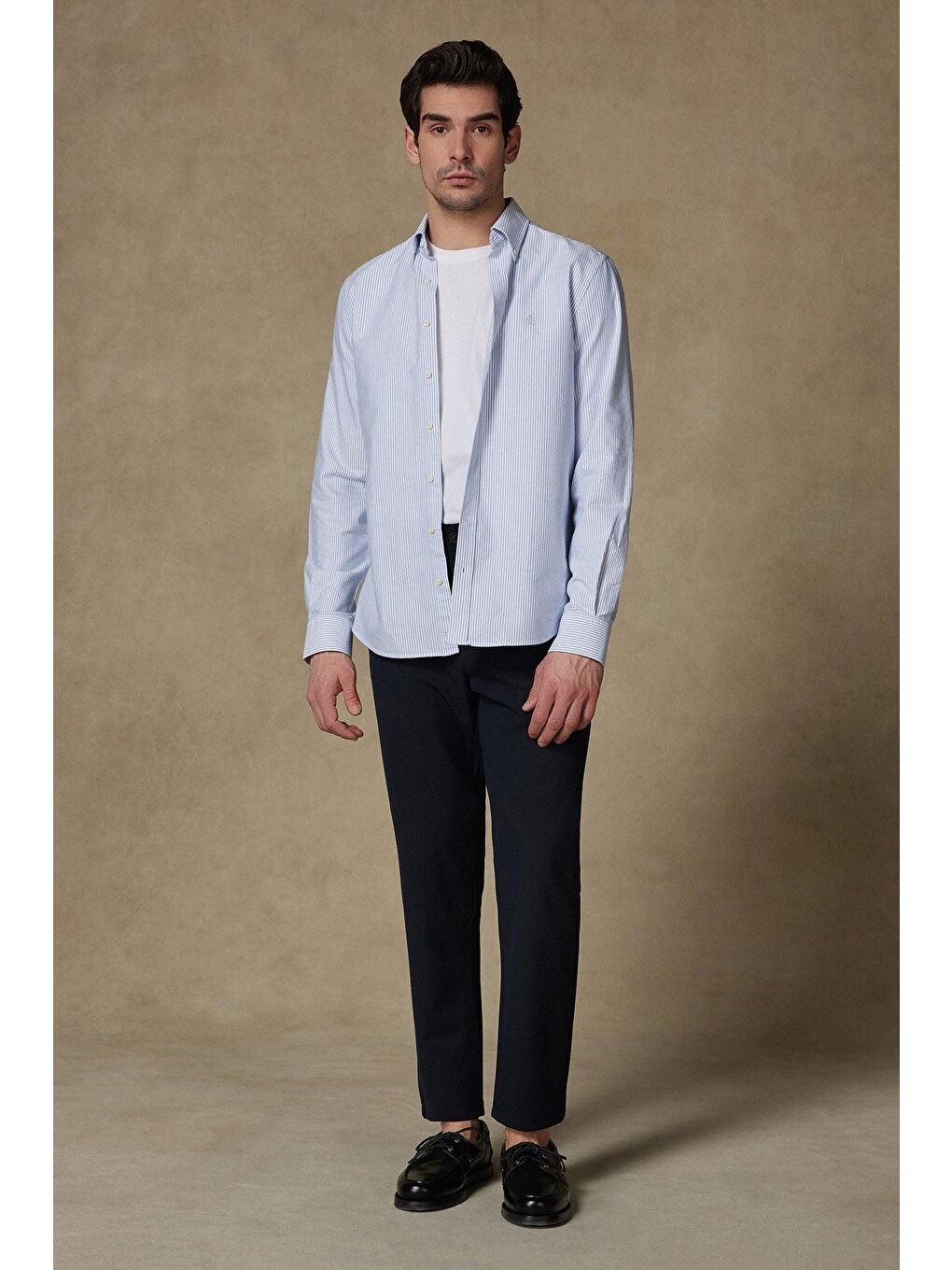 Marcel Amerikan Oxford Pamuklu Comfort Fit Koyu Mavi Düğmeli Yaka Erkek Çizgili %100 Pamuk Gömlek-3