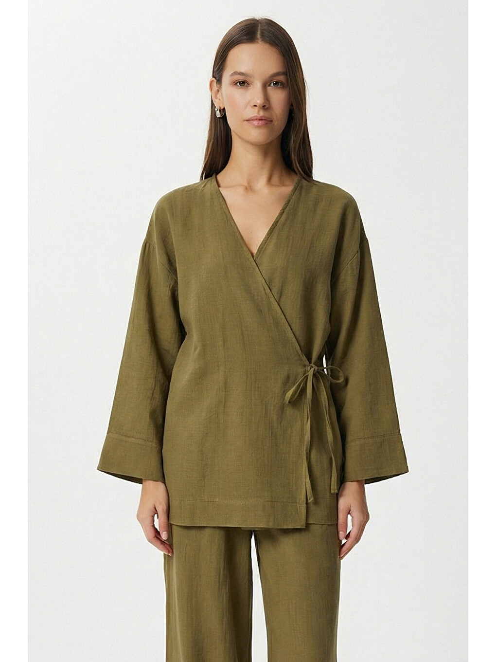Haki Bağlama Detaylı Müslin Kimono Takım HAKİ LZH0020-2