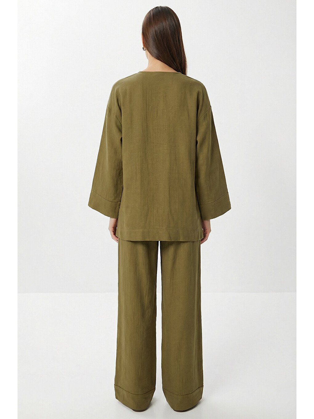 Haki Bağlama Detaylı Müslin Kimono Takım HAKİ LZH0020-3