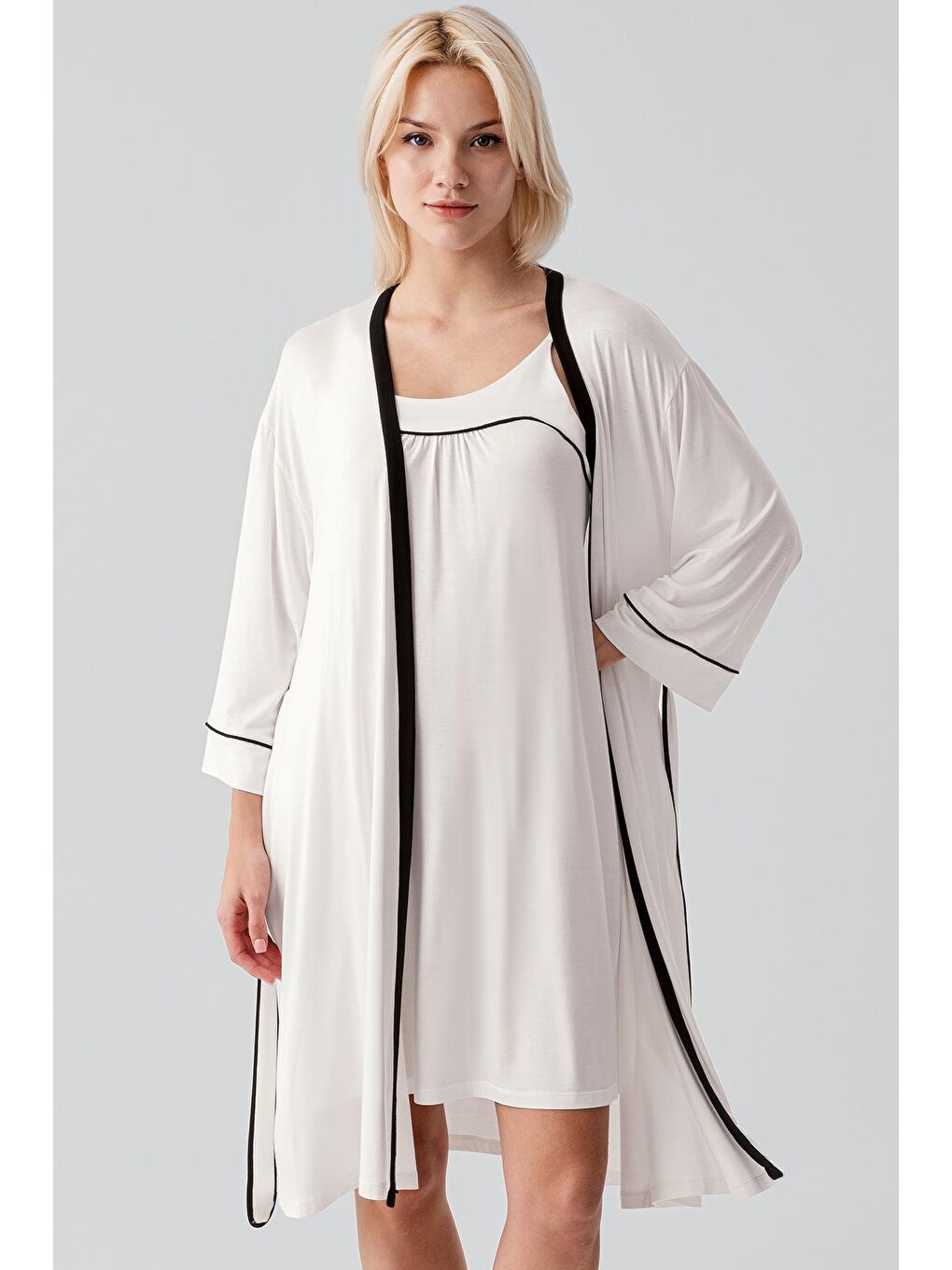 Ekru Askılı Biyeli Kısa Elastanlı Esnek Viskoz Sabahlık Gecelik Takım 19415