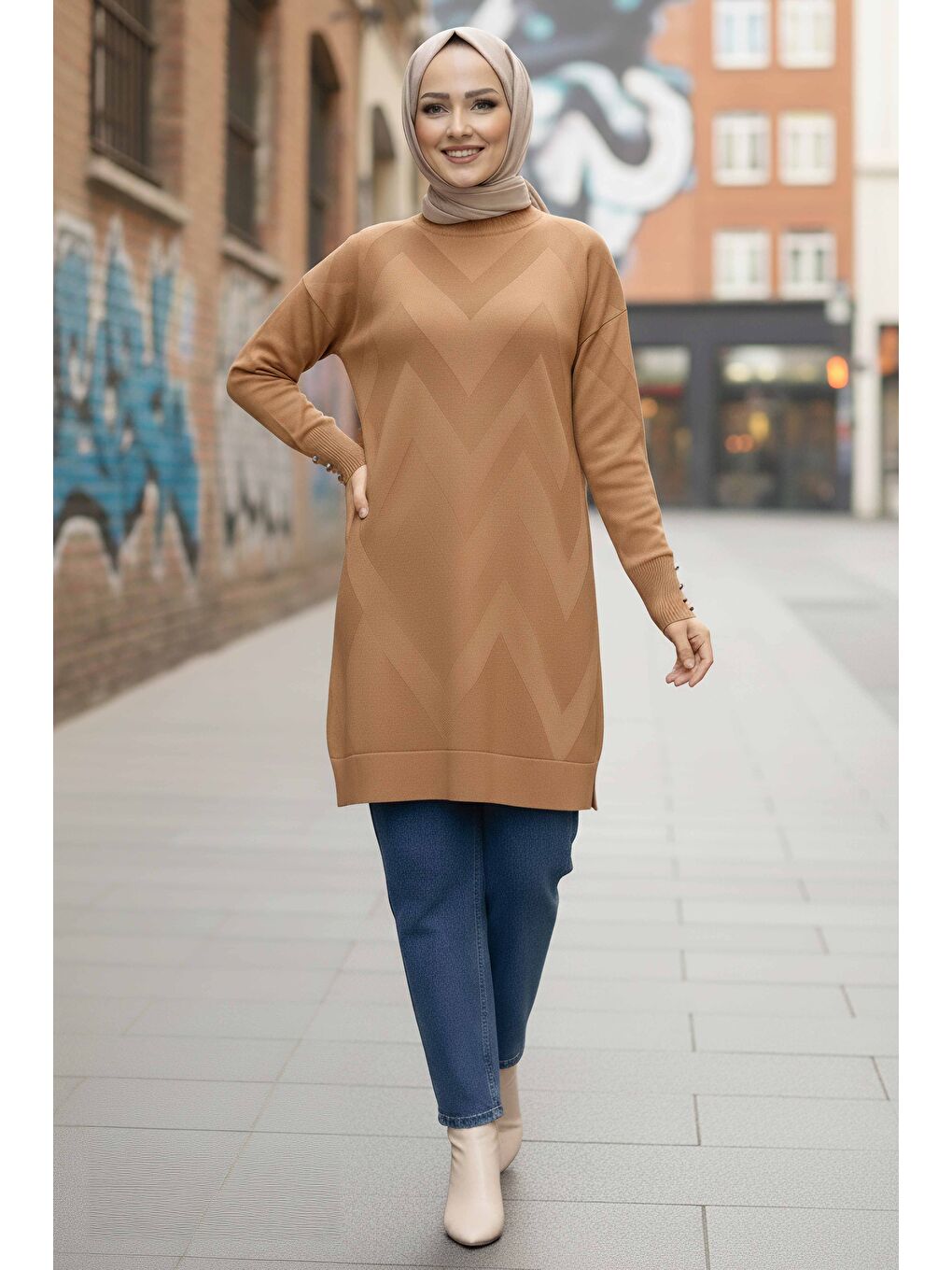 Bej Kol Düğmeli Tiiko Tunik Vizon - 28081-VIZON-1