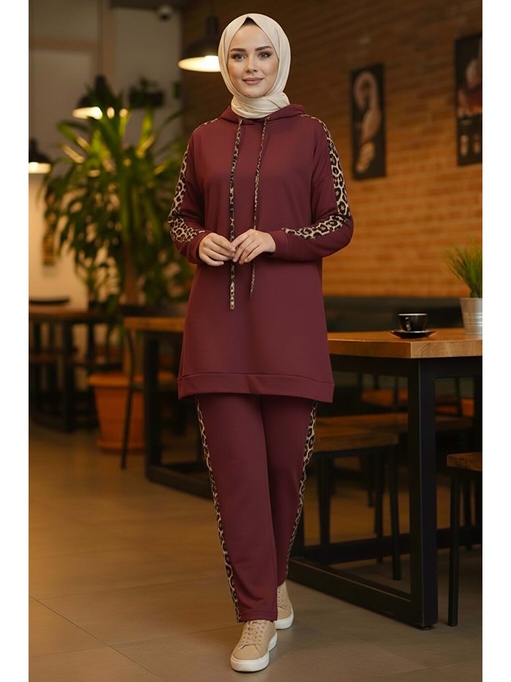 Leopar Şerit Detaylı İki İplik İkili Takım Bordo - 2051-BORDO