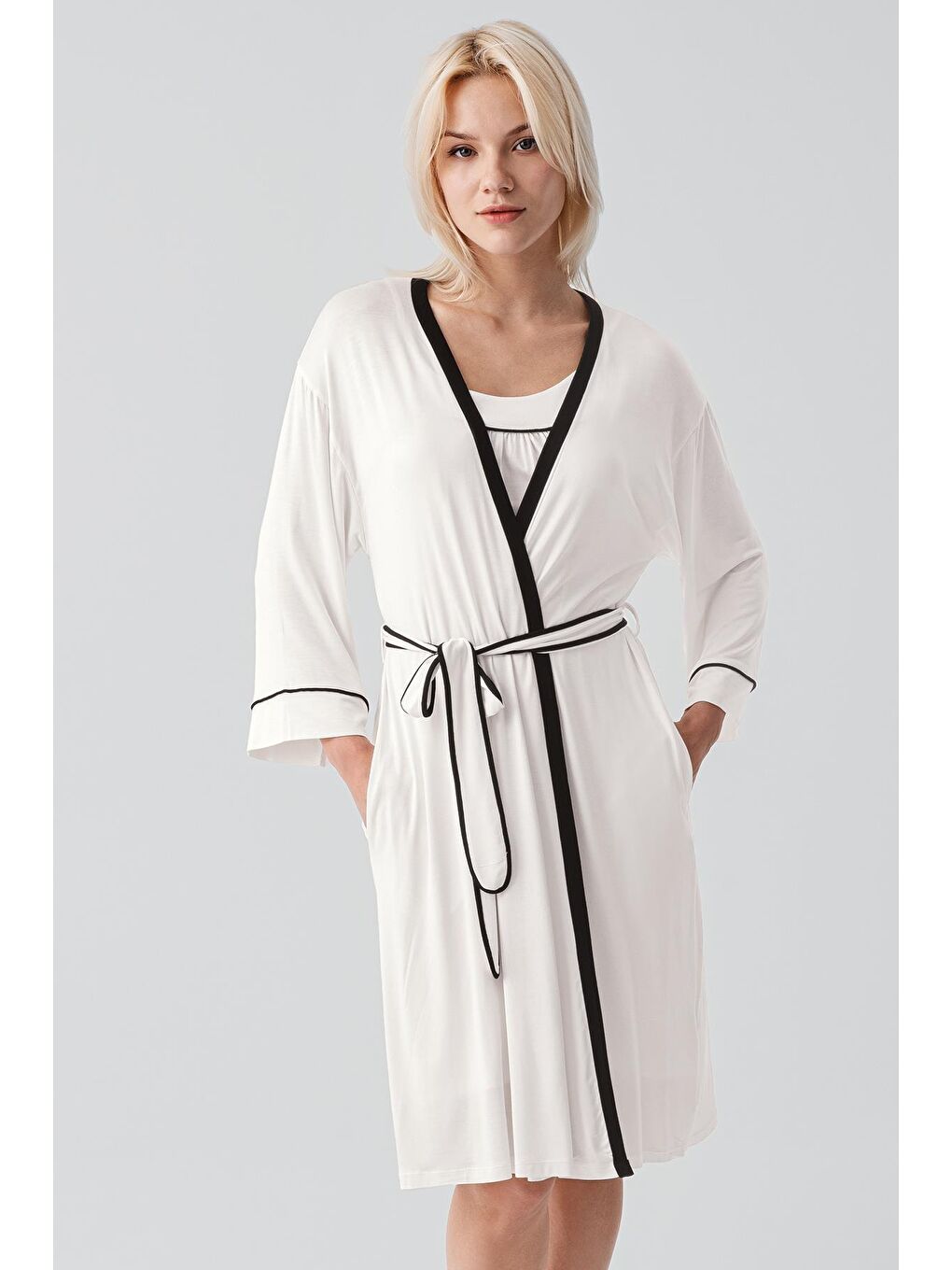 Ekru Askılı Biyeli Kısa Elastanlı Esnek Viskoz Sabahlık Gecelik Takım 19415-3