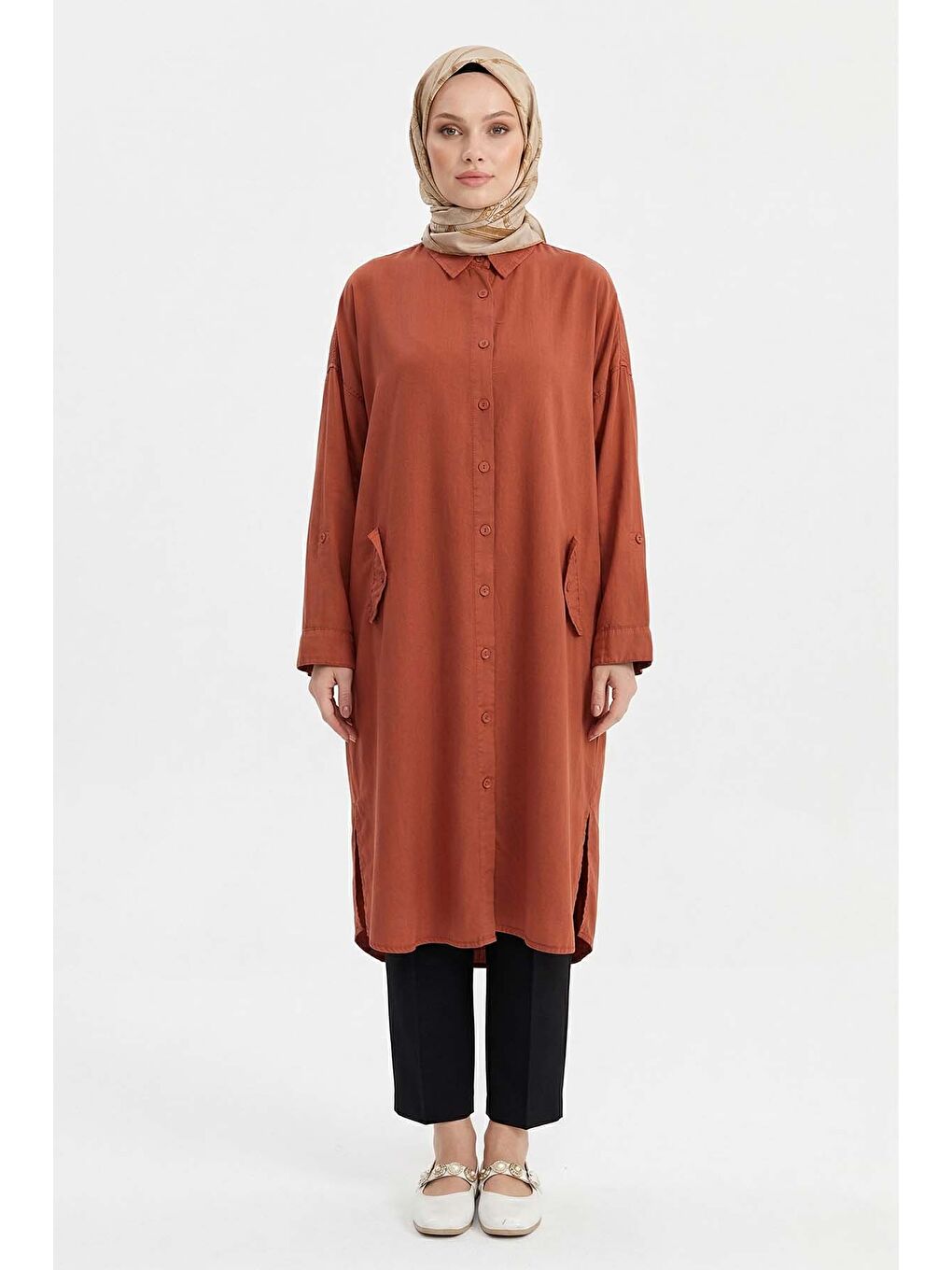 Kahverengi Lyocell Gömlek Uzun Tunik 7509 Kiremit