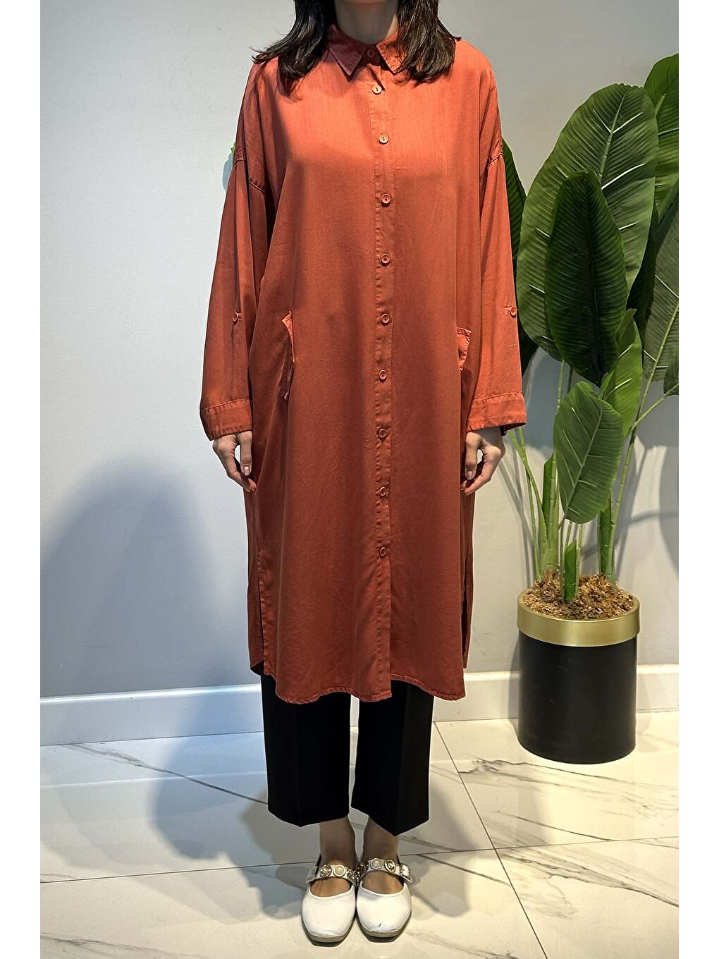 Kahverengi Lyocell Gömlek Uzun Tunik 7509 Kiremit-1