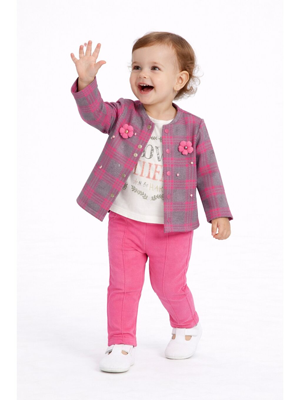 Mor Ekose Desenli Çiçek Aksesuarlı 3lü Bebek Takımı-1