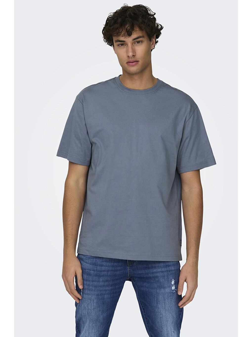 Gri Onsfred %100 Pamuk Relaxed Fit Bisiklet Yaka Erkek Tişört 22022532