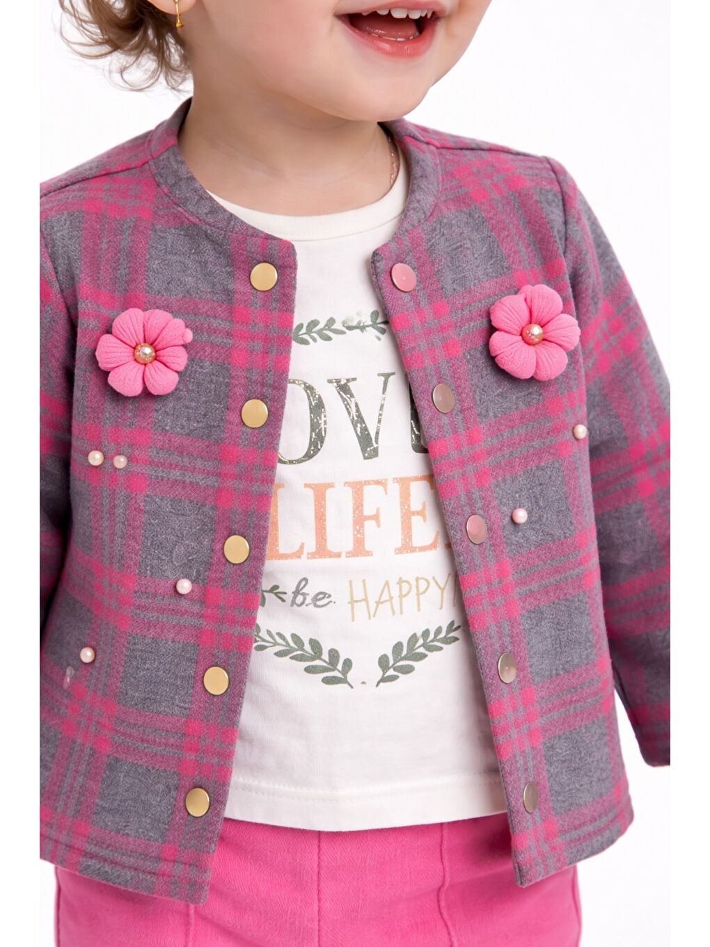 Mor Ekose Desenli Çiçek Aksesuarlı 3lü Bebek Takımı-2