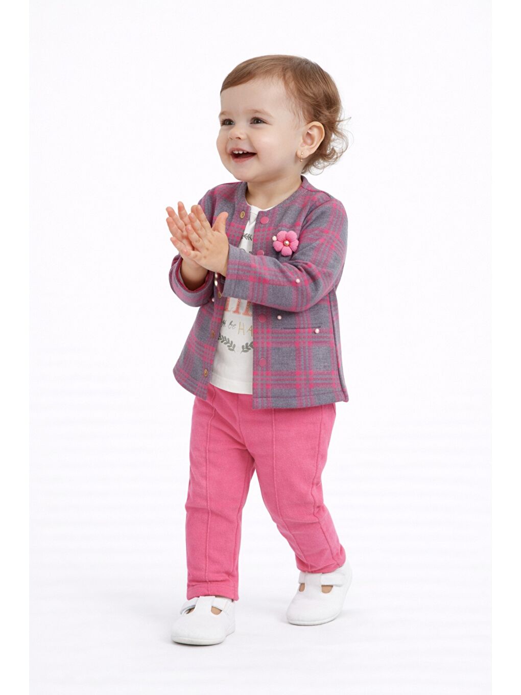 Mor Ekose Desenli Çiçek Aksesuarlı 3lü Bebek Takımı-3