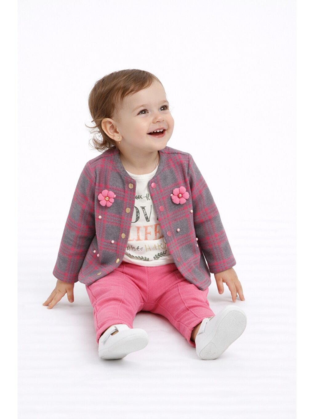 Mor Ekose Desenli Çiçek Aksesuarlı 3lü Bebek Takımı-4