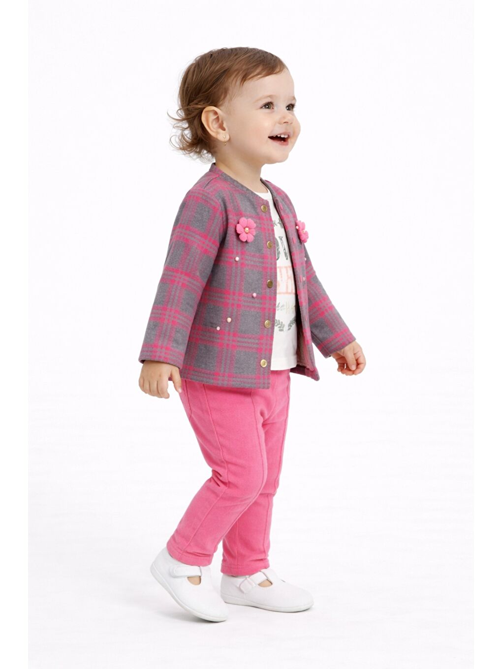 Mor Ekose Desenli Çiçek Aksesuarlı 3lü Bebek Takımı-5