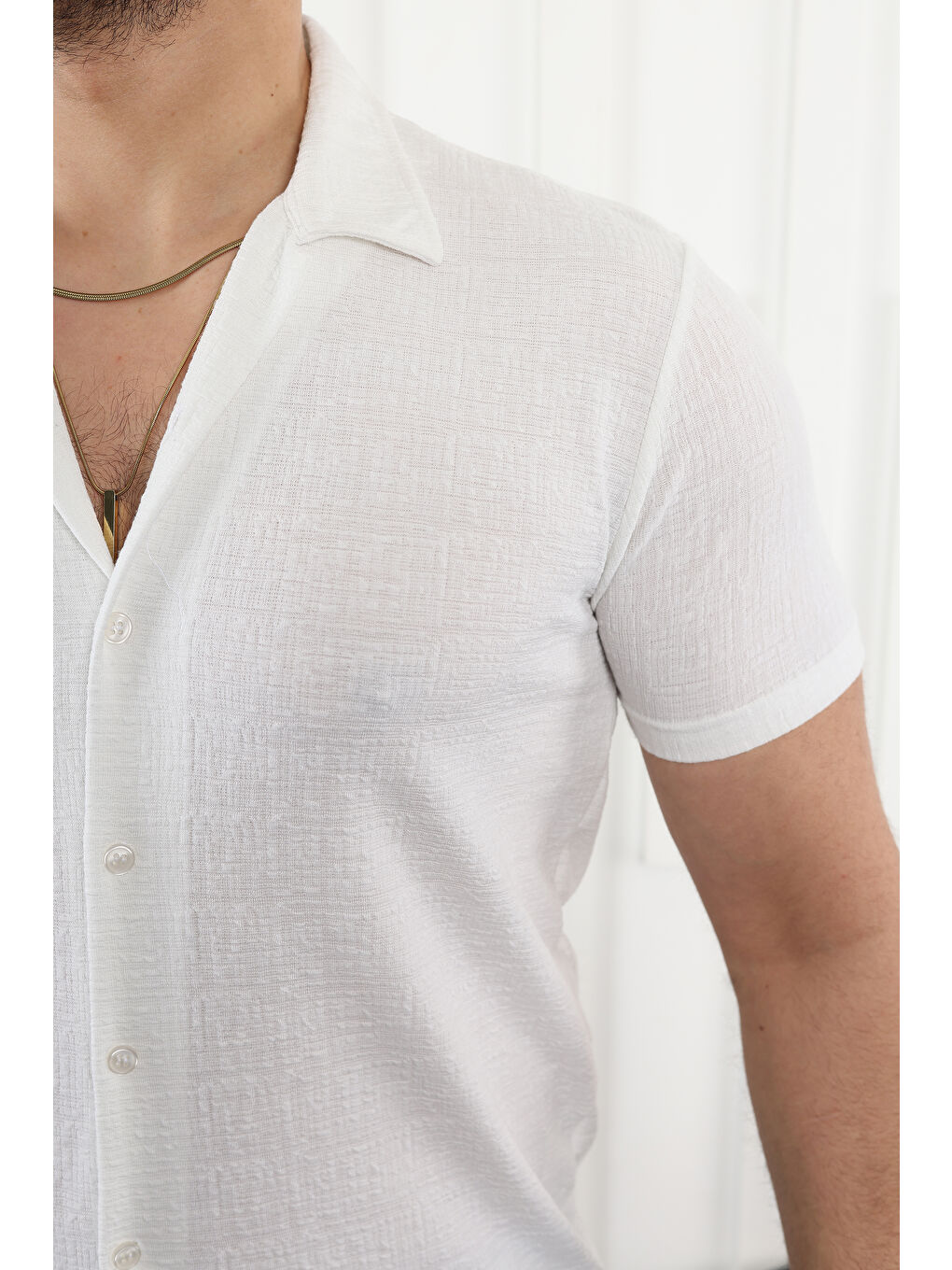 Beyaz Kendinden Desenli Kısa Kol Keten Gömlek-1