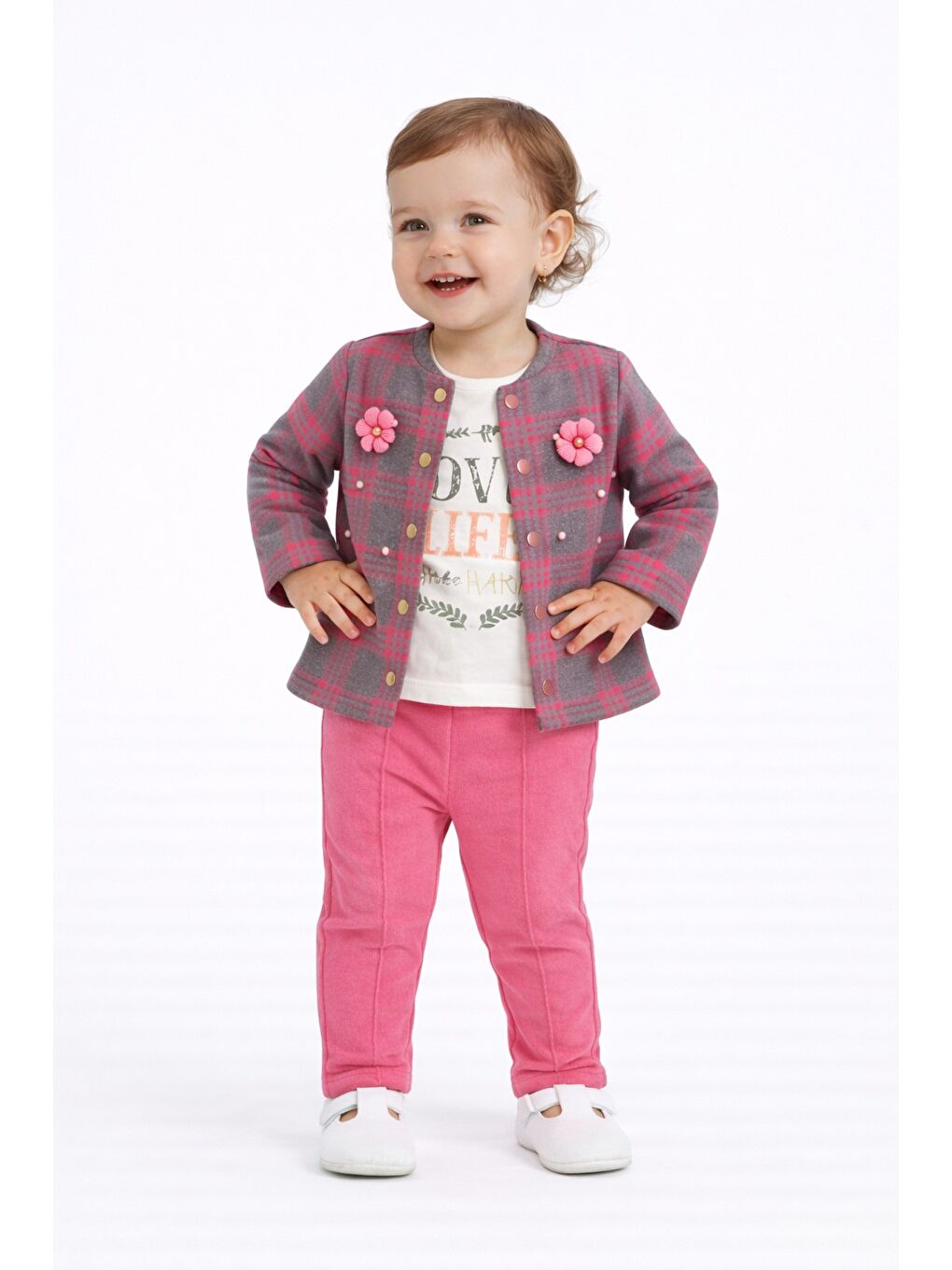 Mor Ekose Desenli Çiçek Aksesuarlı 3lü Bebek Takımı-7