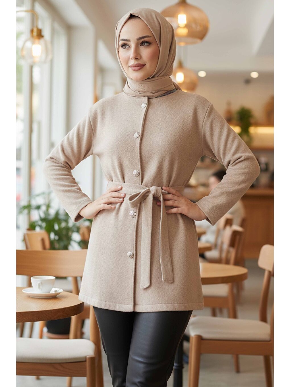 Bağlamalı Düğmeli Kısa Kaşe Kaban Bej - 2052-BEJ-1