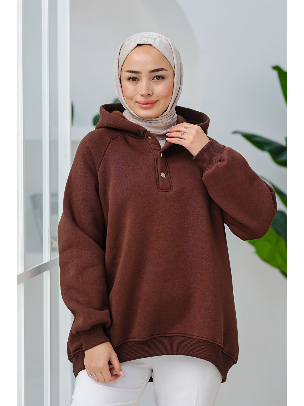 Locco Moda Çıt Çıt Detay Kapüşonlu Sweat Kahverengi