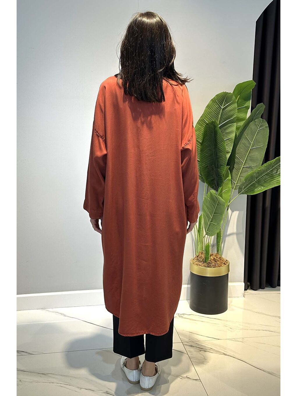Kahverengi Lyocell Gömlek Uzun Tunik 7509 Kiremit-3