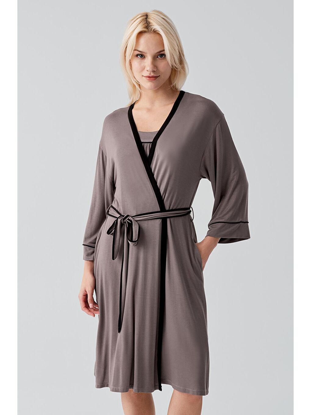 Bej Askılı Biyeli Kısa Elastanlı Esnek Viskoz Sabahlık Gecelik Takım 19415-3