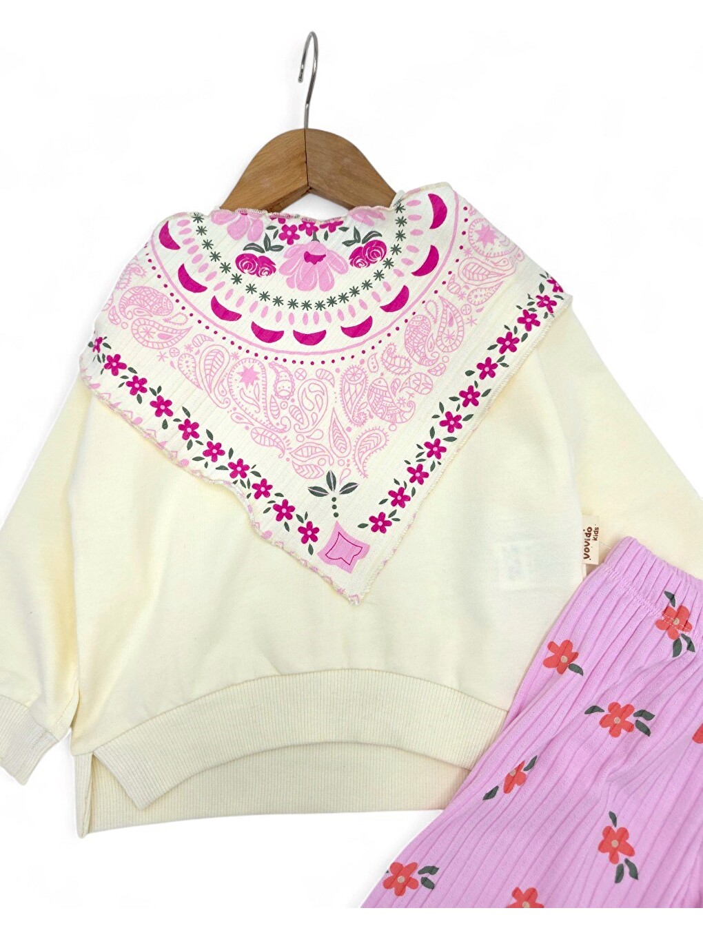 Pembe Kız Çocuk Etnik Desen Fularlı, Bol Paça Pantalonlu 3 Parça Mevsimlik Alt Üst Takım-1